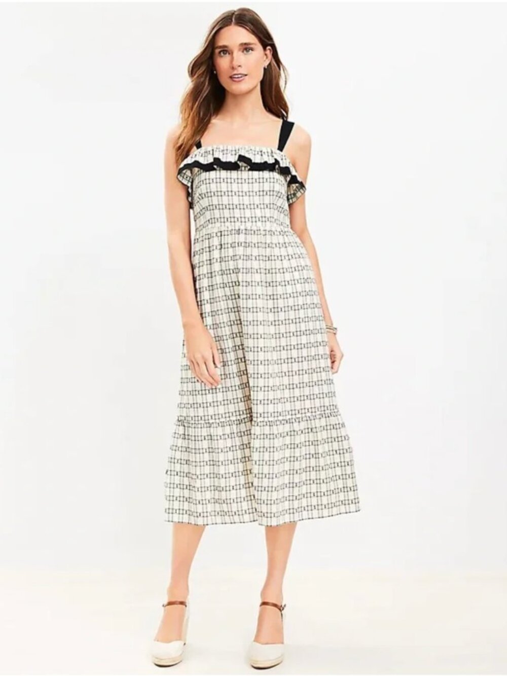 LOFT NWT Women's Cream & Black Plaid Ruffle Square Neck Midi Dress Size 10